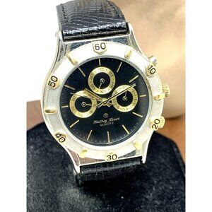 Mathey Tissot Men's Watch Quartz Black Dial Gold Steel Triple Date Leather 39mm